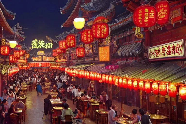 Prompt: a still from a pixar movie of a bustling tavern in china, at night