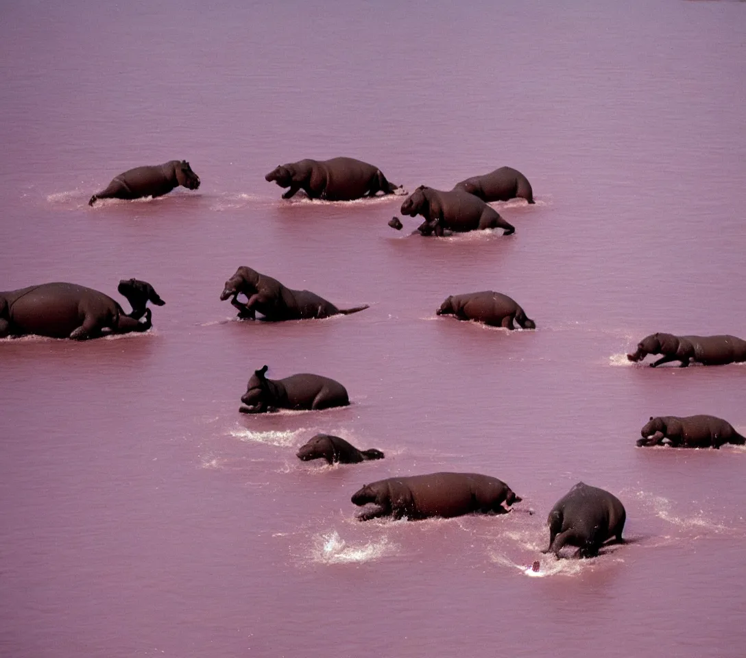 Prompt: a 3 5 mm photography, kodachrome colour of 3 0 hippos running in a pink lake, taken by martin parr