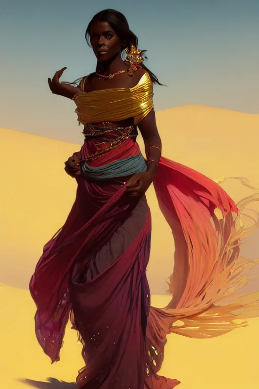 Prompt: full figure beautiful young dark skin woman, covered in multicolored arabian fluent clothes, luminous scene, by greg rutkowski and alphonse mucha, d & d character, gradient white to gold, in front of a dune desert background, highly detailed portrait, digital painting, artstation, concept art, smooth, sharp focus illustration, artstation hq