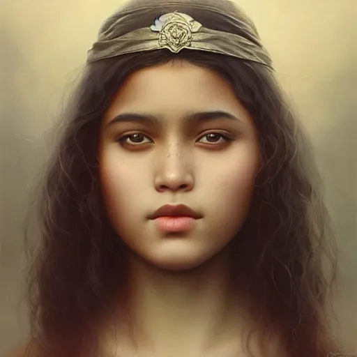 Prompt: beautiful assamese early teen girl ; portrait by artgerm and tom bagshaw ; trending on artstation ; award winning, cinematic natural dramatic lighting, studio photography by annie leibovitz