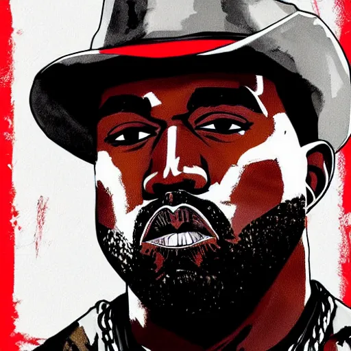 Image similar to kanye west in illustration red dead redemption 2 artwork of kanye west, in the style of red dead redemption 2 loading screen, detailed face by stephen bliss