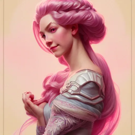 Image similar to aristocrat, subtle smile, female, d & d, fantasy, intricate, elegant, highly detailed, long pink hair, digital painting, artstation, octane render, concept art, matte, sharp focus, illustration, hearthstone, art by artgerm, alphonse mucha johannes voss