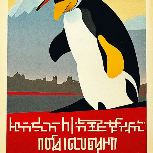 Image similar to a Soviet propaganda poster for Linux featuring a penguin