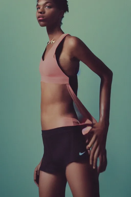 Image similar to realistic photoshoot for a new nike lookbook, color film photography, portrait of a beautiful woman in style of tyler Mitchell, 35mm, graflex