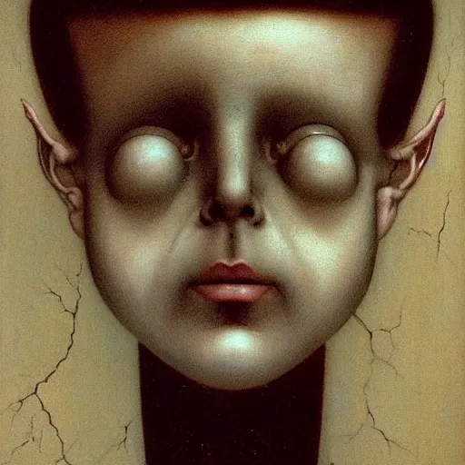 Image similar to in a dark bedroom sits an uncanny lonely ominous porcelain doll with cracks along it's face, by junji ito gerald brom by henry fuseli by zdzisław beksinski