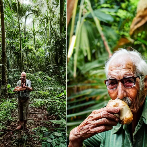 Prompt: an elderly man eating a mushroom in lush tropical jungle, 🍄, canon eos r 3, f / 1. 4, iso 2 0 0, 1 / 1 6 0 s, 8 k, raw, unedited, symmetrical balance, in - frame