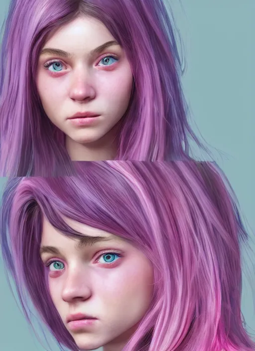 Prompt: highly detailed concept art for the main character in the award winning film named life is better in pink. the character is a unnaturally beautiful teenage girl with deep dark blue eyes, strong eyebrows and long curled pink dyed hair, wearing light pink clothes. realistic cg render, anatomically correct, high key lighting, trending on art station, vibrant colors.
