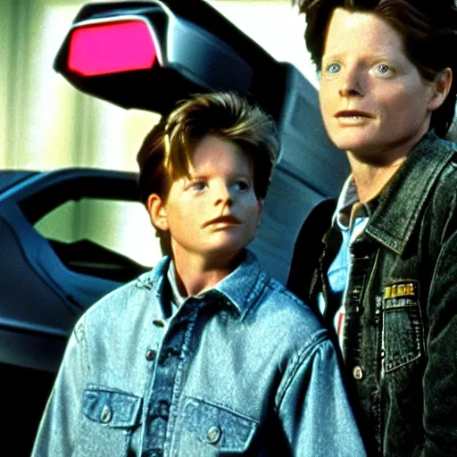 Prompt: back to the future starring eric stoltz as marty mcfly, iconic film still perfect composition,