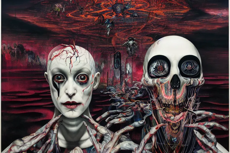 Prompt: The physical impossibility of death, in a brutalist architecture space ship, gothic, rich deep colours, creepy, diabolical, dark, mystical, intrincate, maximalism, painted by Francis bacon, Adrian ghenie, James jean and Petra cortright part by Gerhard Richter, part by Takato Yamamoto. 8k masterpiece