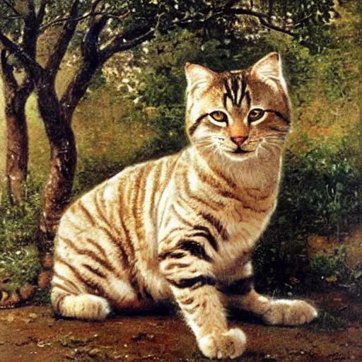 Image similar to huge cat harnessed to a cart, oil painting by Ivan Shishkin