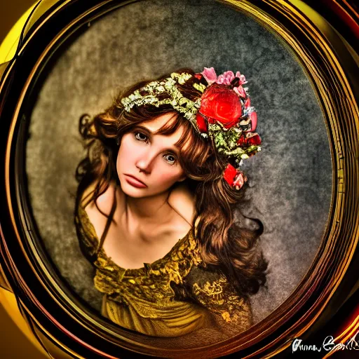 Image similar to canon r 5, award winning photography, hdr, studio lighting medium close shot, mucha style,