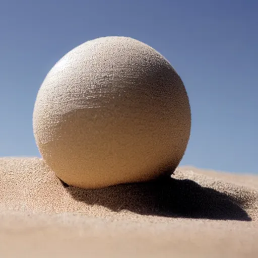 Image similar to A sphere made of sand levitating on water, highly detailed and photorealistic