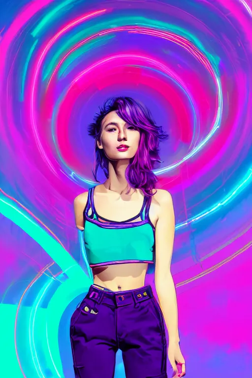 Image similar to a award winning half body portrait of a beautiful woman in a croptop and cargo pants with ombre purple pink teal hairstyle and hands in pockets by ari liloan, surrounded by whirling illuminated lines, outrun, vaporware, shaded flat illustration, digital art, trending on artstation, highly detailed, fine detail, intricate