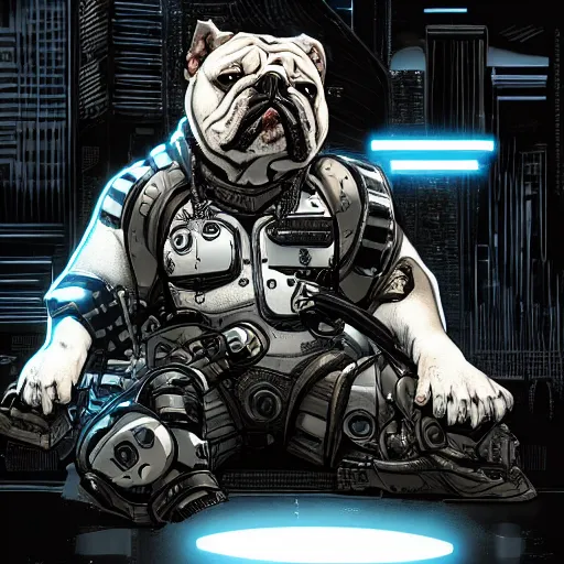 Image similar to « a comic styled cyborg bulldog sitting down, cyberpunk digital art by greg rutkowsky, illustration, sharp focus, highly detailed, future tech, sketchfab »