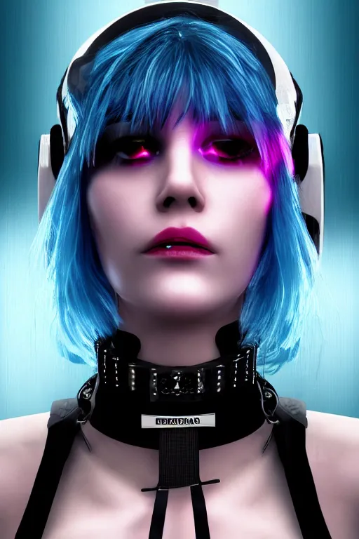 Image similar to detailed realistic female rock star cyberpunk wearing thick technological collar around neck, realistic, art, beautiful, 4K, collar, choker, collar around neck, punk, artstation, detailed, female, woman, choker, cyberpunk, neon, punk, collar, choker, collar around neck, thick collar, tight around neck, punk,