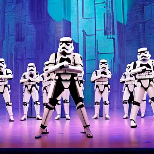 Prompt: Production photo of Star wars the musical on broadway, dancing, star wars costumes by Julie Taymor, set design by Julie Taymor