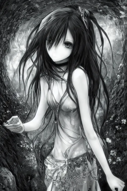 Image similar to a portrait of a character in a scenic environment by Yoshitaka Amano, black and white, dreamy, dark eyes, wavy long black hair, highly detailed