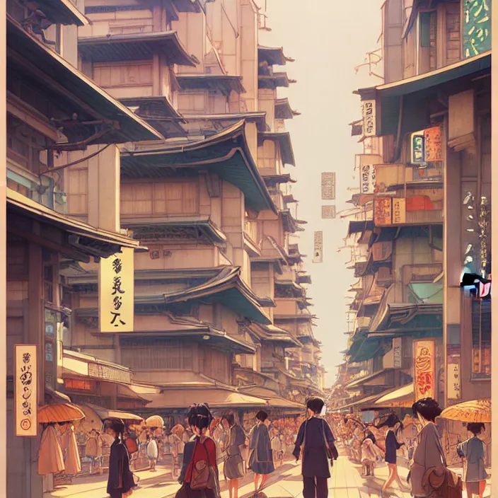 Image similar to japanese big city, summer, in the style of studio ghibli, j. c. leyendecker, greg rutkowski, artem