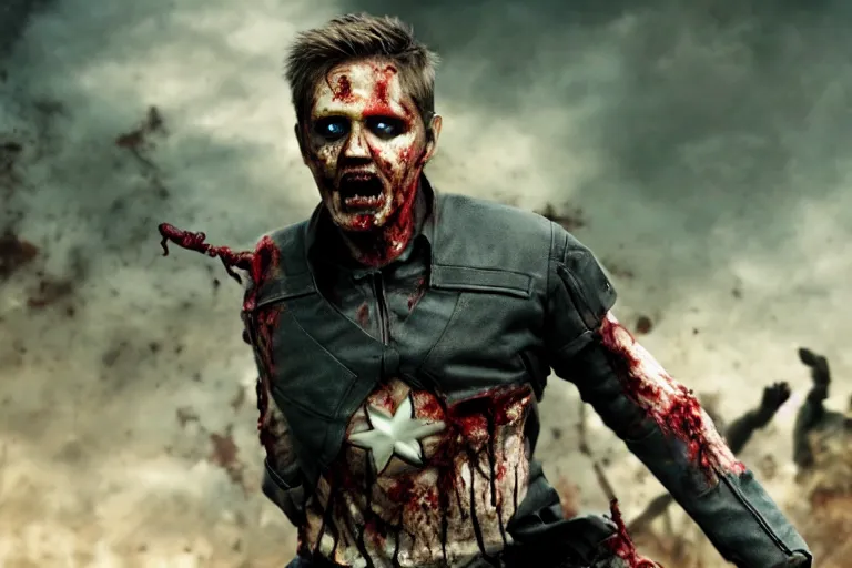 Image similar to film still of zombie zombie Hawkeye as a zombie in new avengers movie, 4k