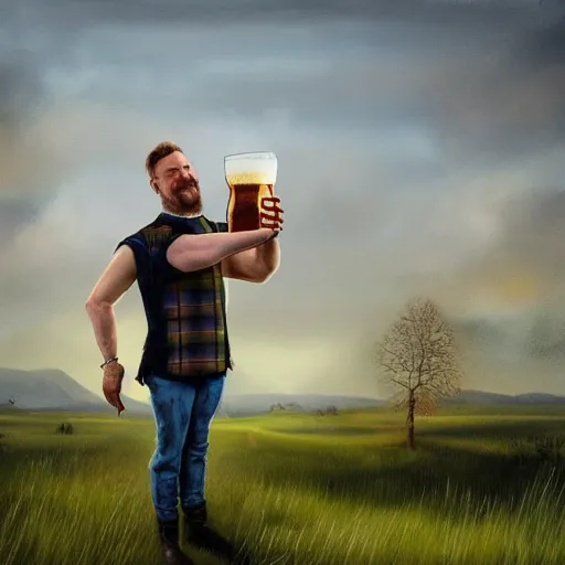 Image similar to a Scottish man holding a pint of beer in the middle of an empty field, In the back ground of the frame is a beautiful landscape., physically accurate, dynamic lighting, intricate, elegant, highly detailed, digital painting, very very ralph steadman, Hieronymus Bosch, Francis Bacon, concept art, smooth, sharp focus, illustration