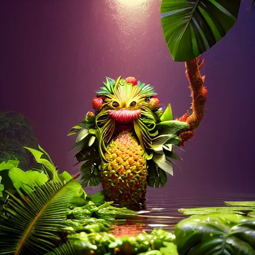 Image similar to tropical fruit creature in a lush trunda vegetation, water reflection, night, backlit, warm tones, bioluminescent : by michal karcz, daniel merriam, victo ngai and guillermo del toro : ornate, dynamic, particulate, intricate, elegant, highly detailed, centered, artstation, smooth, sharp focus, octane render, 3 d