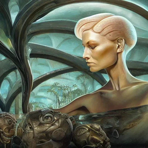 Image similar to detailed face of a woman with opalescent eyes in a biomorphic courtyard with dna sculptures at a science expo, atmospheric, ambient, pj crook, syd mead, livia prima, artgerm, greg rutkowski, nick alm, casey baugh