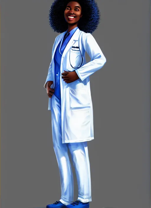 Image similar to full body portrait of young black woman with as a doctor, blue scrubs and white coat, intricate, beaming smile, angelic halo, highly detailed, digital painting, artstation, concept art, smooth, sharp focus, illustration, art by wlop, mars ravelo and greg rutkowski