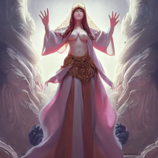 Prompt: a beautiful eldritch priestess girl standing on an altar wearing thick robes | | cute - fine - face, pretty face, fine details by stanley artgerm lau, wlop, rossdraws, james jean, andrei riabovitchev, marc simonetti, and sakimichan, trending on artstation