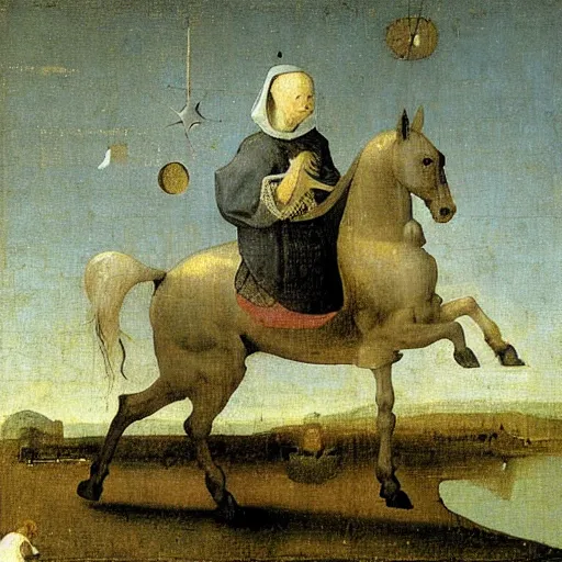 Prompt: white horse at night by hieronymus bosch