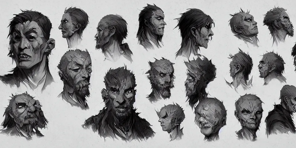 Image similar to arcane character face study, character sheet, concept design, contrast, kim jung gi, greg rutkowski, zabrocki, karlkka, jayison devadas, trending on artstation, 8 k, ultra wide angle, pincushion lens effect