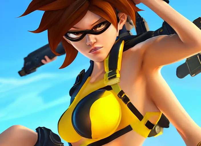 Image similar to tracer game character, in yellow bikini, blonde hair, black eyes, full height