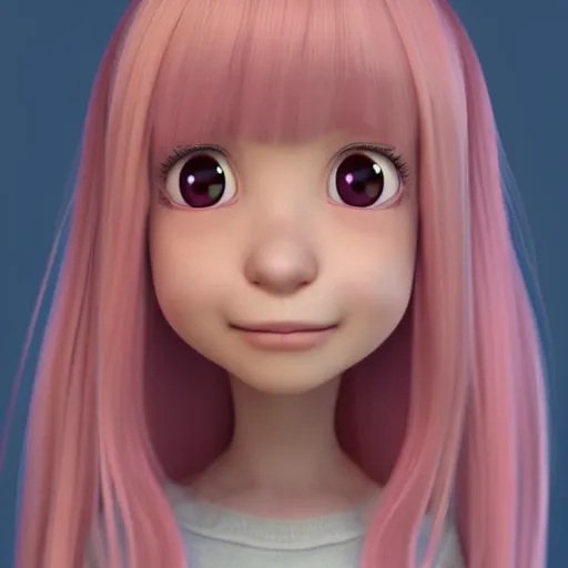 Image similar to A portrait of Nikki from Shining Nikki and Love Nikki, a cute 3d cgi toon young woman with long light pink hair, full bangs, hazel eyes, full round face, light makeup, pale skin, Chinese heritage, in the center midground, medium shot, mid-shot, hyperdetailed, 8k, trending on artstation, as a Pixar character