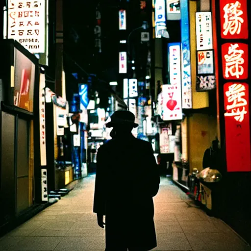 Image similar to old black man in tokyo at night, cinestill 8 0 0,