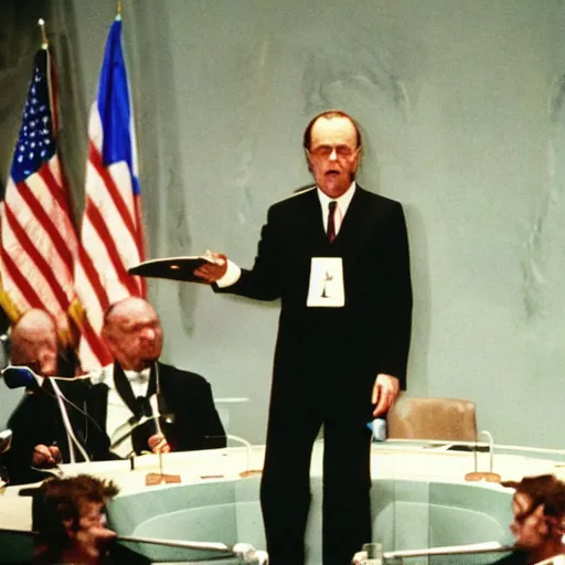 Image similar to 1990s Hi-8 footage of Napoleon speaking to the United Nations, candid portrait photograph, 40mm