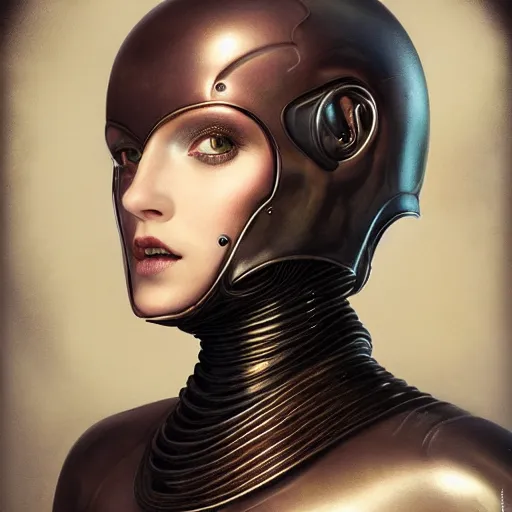 Image similar to tom bagshaw, curiosities carnival fallout, photorealistic medium shot soft paint of a single beautiful bald female full long futuristic metallic armor ornate tight metal helmet made tentacles claws, face, gynoid cyborg body, accurate features, focus, very intricate ultrafine details, award winning masterpiece