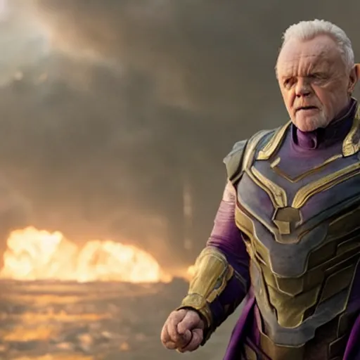 Image similar to Anthony Hopkins playing Thanos in MCU's Endgame, Cinematic, Movie Still