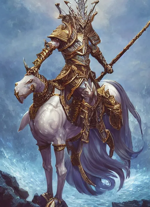 Image similar to an anime portrait of a knightly merfolk riding a fish horse from magic the gathering wearing a ornate detailed armor and an atlantean crown, from skyrim, by stanley artgerm lau, wlop, rossdraws, james jean, andrei riabovitchev, marc simonetti, and sakimichan, trending on artstation