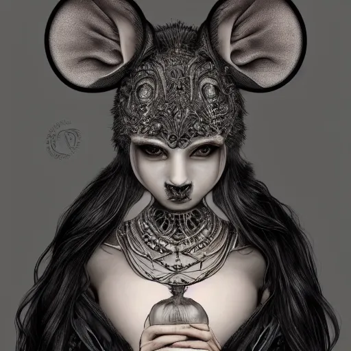 Image similar to a photograpic portrait of a anthropomorphic mouse wearing black clothes, black hair, grey skin, grey mouse ears, fantasy, intricate, elegant, highly detailed, digital painting, artstation, smooth, sharp focus, illustration, art by artgerm and H R Giger and alphonse mucha