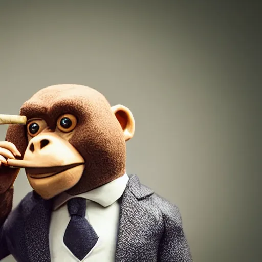 Image similar to a high detail closeup shot of a depressed monkey wearing a suit and smoking a cigar