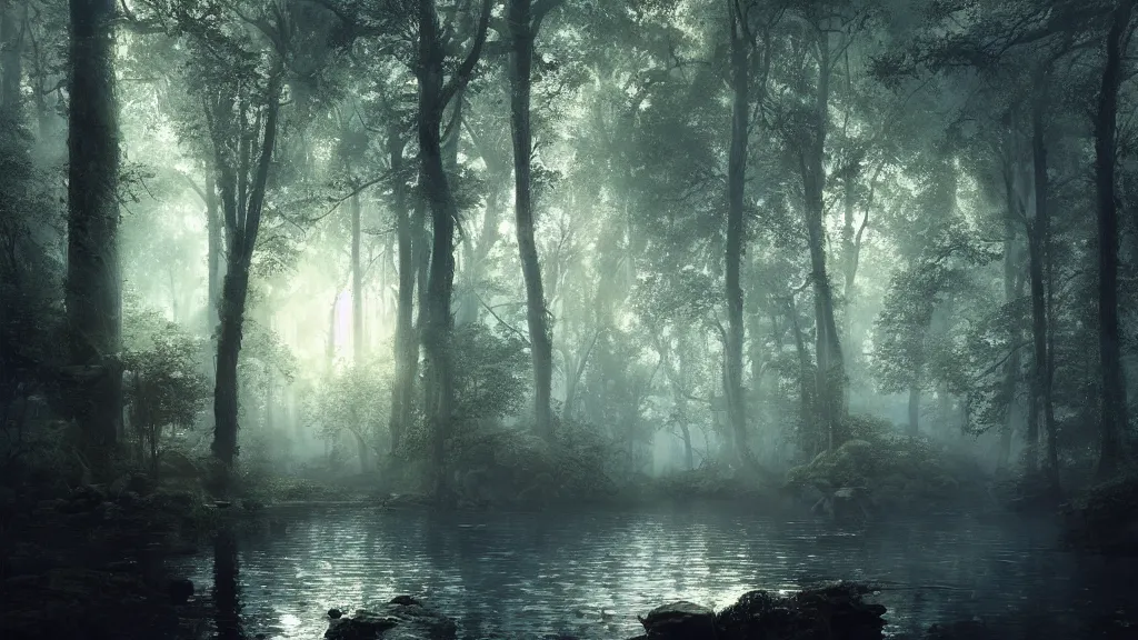 Image similar to a clearing with a deep pool of water, a sanctuary in the dark, dense forest. andreas achenbach, artgerm, mikko lagerstedt, zack snyder, tokujin yoshioka