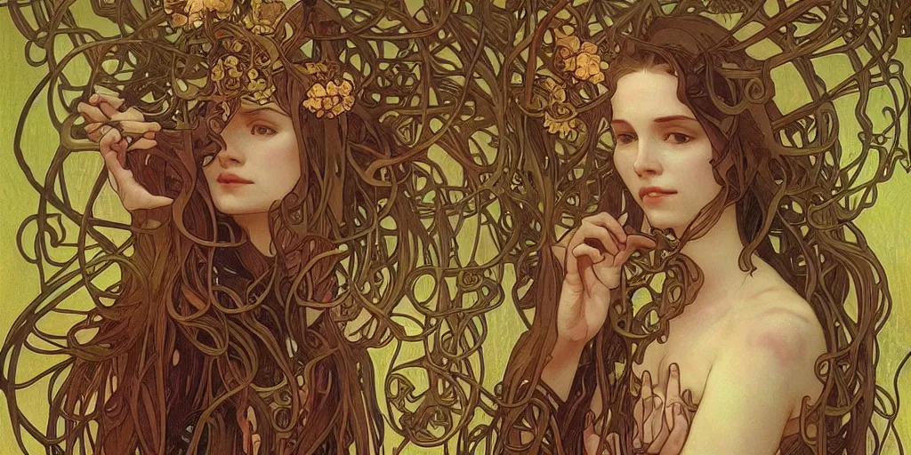 Image similar to twisted plant people, fungus tendrils by alphonse mucha, intense lighting, light beams, lens flare, intricate, elegant, highly detailed, digital painting, artstation, concept art, smooth, sharp focus, illustration, art by artgerm and serpentigena and alphonse mucha