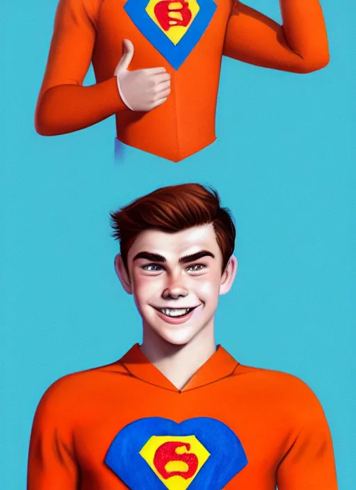 Image similar to friendly teenage archie andrews wearing an orange superhero costume with heart logo, heart, freckles, blue cape, heart emblem on chest, blue cape, intricate, elegant, glowing lights, highly detailed, digital painting, artstation, sharp focus, illustration, art by wlop, mars ravelo and greg rutkowski