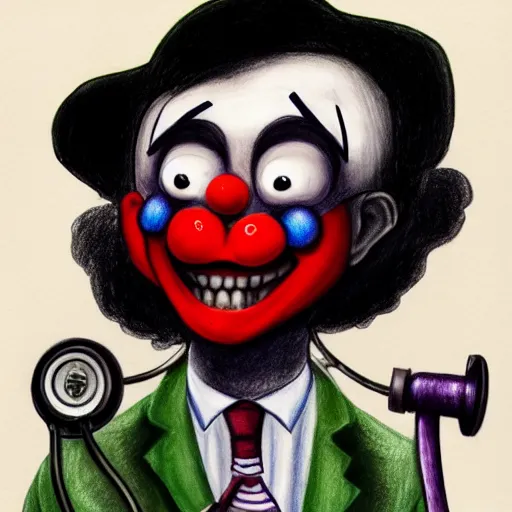 Prompt: a drawing of a clown with a stethoscope, a character portrait by david firth, trending on deviantart, neoplasticism, creepypasta, freakshow, macabre, white background