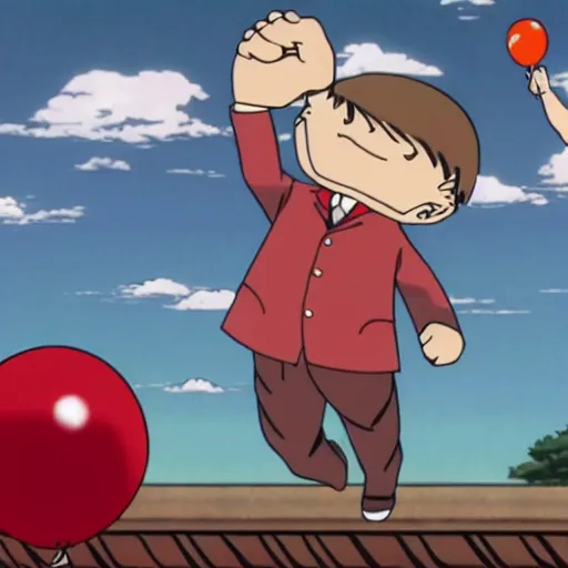 Image similar to saul goodman throwing dart at red ballon, still from anime