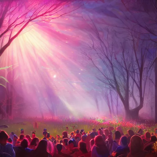 Prompt: detailed art on artstation, Luma gardens, Schelling Party, sunlight through trees at dusk, light-show, people at a cosmic party, music, vibrant, futuristic, utopian