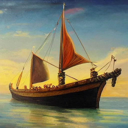 Prompt: viking longship in the sea, norse, history, wood, oil painting