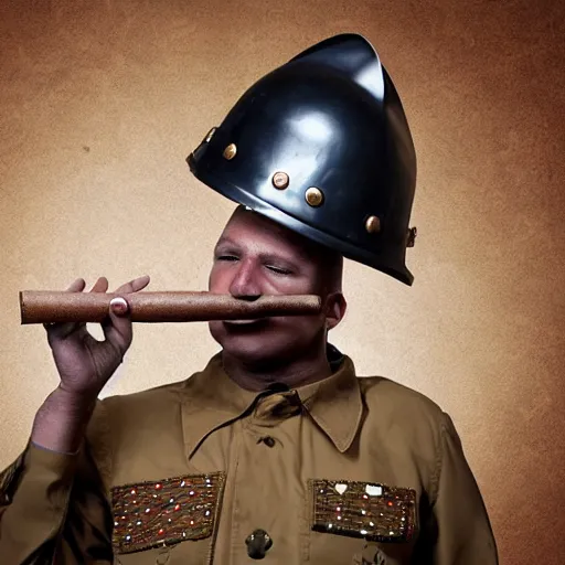 Image similar to dog with military helmet and cigar in mouth