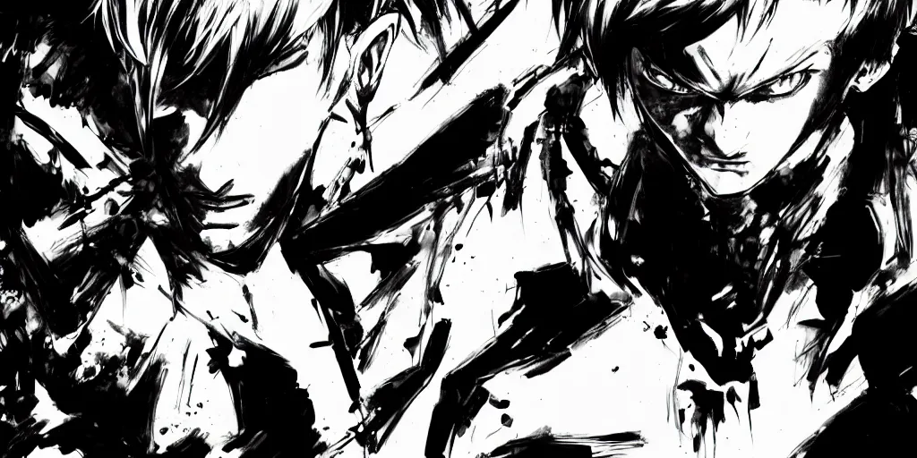 Image similar to a full - body portrait of denji from chainsaw man, in yoji shinkawa's art style, metal gear solid art style, manga, highly detailed, 4 k, artistic, white background, b & w