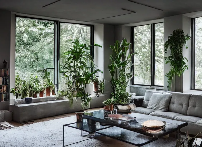 Prompt: interior design of a living room, inspired by brutalism, lots of plants, star - shaped windows