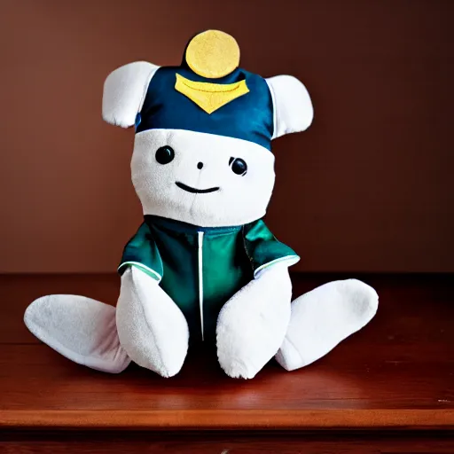 Image similar to stuffed animal frog wearing a sailor suit, plushie photography,